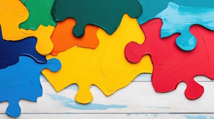 Fototapeta premium A vibrant arrangement of colorful jigsaw puzzle pieces scattered on a wooden surface, showcasing creativity and playful design.