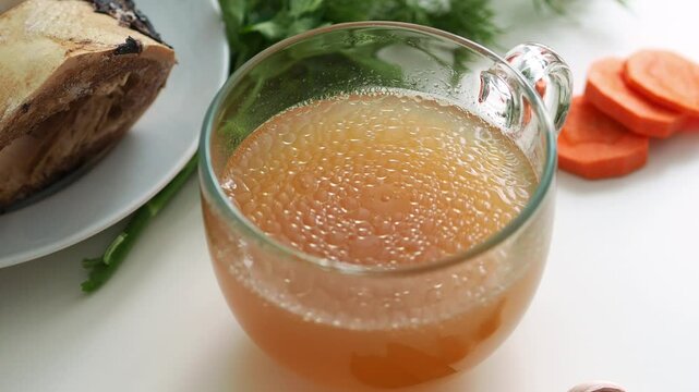 Fatty bone broth in a large glass mug against the background of bones and vegetables. Keto nutrition. Healthy lifestyle. Liquid food. Hot Beauty Soup. Trendy super food. Keto. Diet with fats.