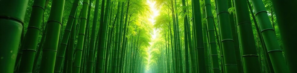 High-angle shot of dense bamboo grove with sunlight filtering through the tall stalks, vegetation, forest