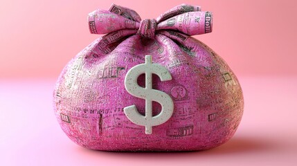 Pink money sack with dollar sign on pink background, for financial themed use
