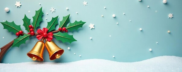 Intricate paper cutout of a holly branch with Christmas bells hanging from it against a snowy background, decoration, paper cutout