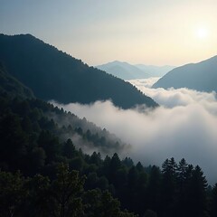 Mysterious fog rolls in, shrouding the landscape, black background, mist
