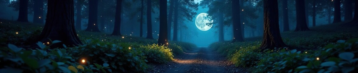 Nocturnal forest path illuminated by moonlight and fireflies, undergrowth, forest, ambiance