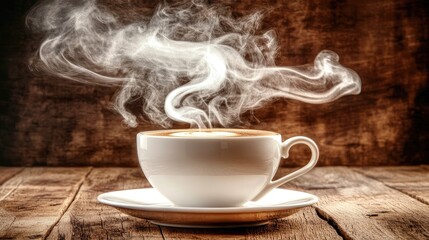 Smoky tendrils rising from a steaming cup of coffee, set on a rustic wooden table.