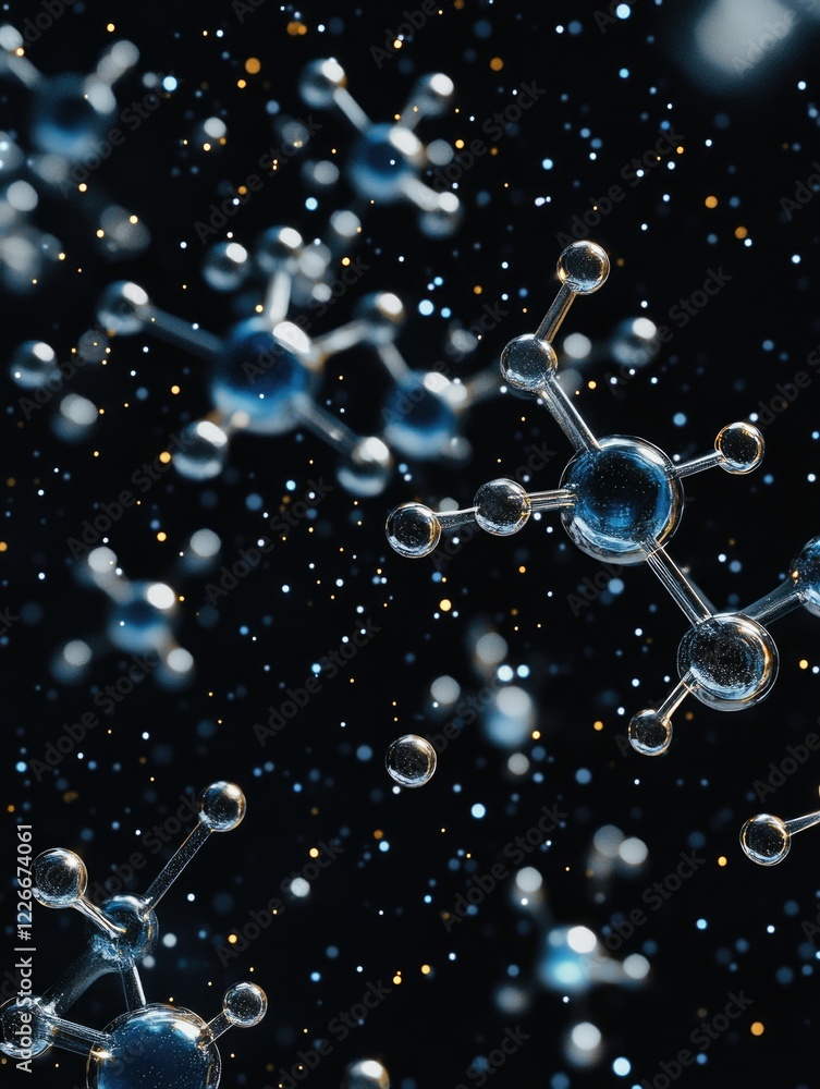 Poster a series of molecules are shown in a black background. the molecules are in various sizes and are sc