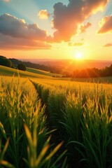 Orange hues cast long shadows across the meadow, agricultural land, orange, green