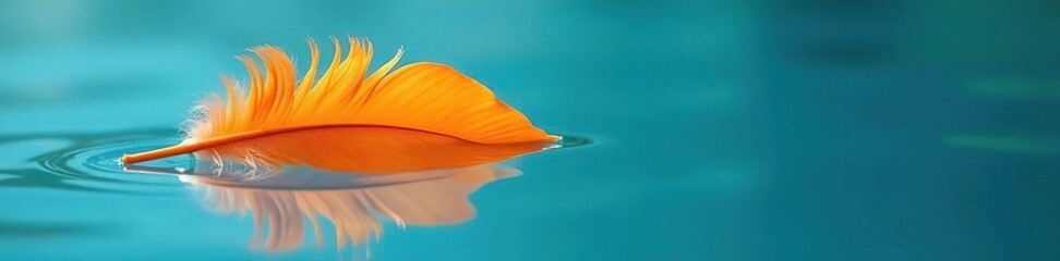 Orange feather floats serenely on the surface of a body of still water in a bright blue environment, natural, serene