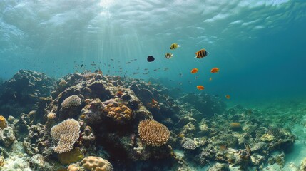 Naklejka premium Underwater scene showcasing vibrant coral reefs and diverse marine life.