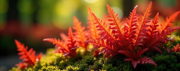 Red and orange hues of a rare fern species in sunlight, green, red