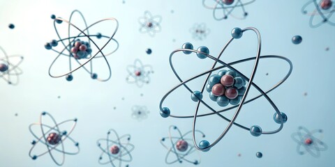
A scientifically inspired 3D render of atoms and molecules floating in space, showing metallic orbits and protons/neutrons at the center. A futuristic, educational, and abstract visualization.