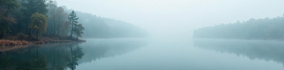 Saltwater lake with fog and surrounding trees, nature, water, wetland