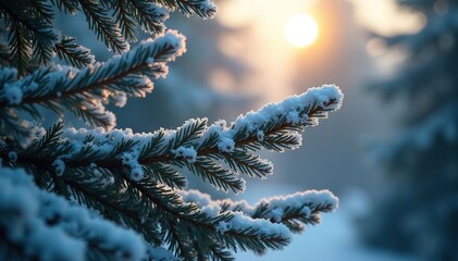 Rime on blue spruce branches against morning light, mist, tree, rime