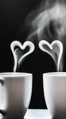 Two mugs with steam forming heart shapes.