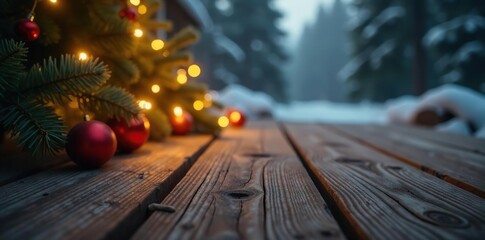 Soft focus wooden surface with Christmas lights, cabin, soft focus