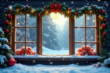 Snowy windows with festive ornaments and garlands, christmas ornaments, wintry scene