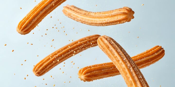 Golden, sugar-coated churros hover in mid-air, with sugar particles floating around them. A delicious and dynamic dessert concept.