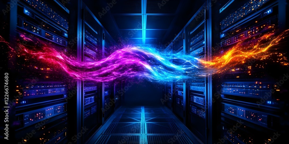 Aufkleber a futuristic data center with glowing, swirling energy between rows of server racks, creating a vibr