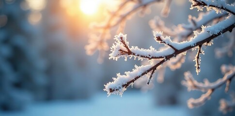 Sunlight catches frosty snow-covered branches, frosty, snowflakes, frost