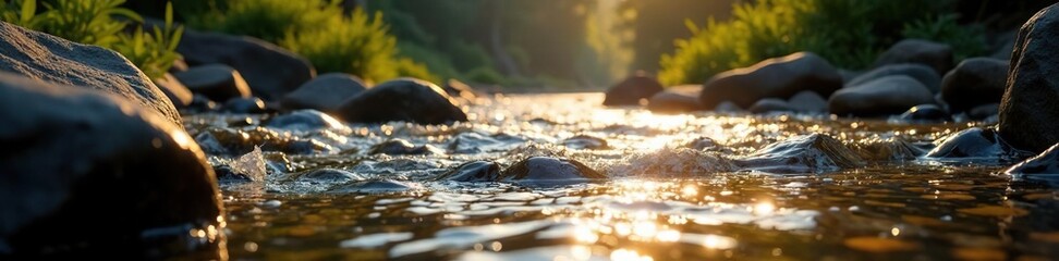 Stones glisten in sunlight as river flows slowly, light, landscape, river