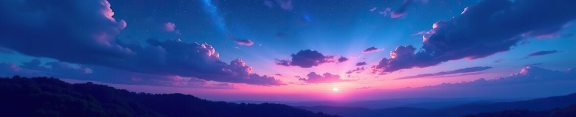 The night sky transitions into a softer palette of blues and pinks as daylight fades, sky, peaceful scene, sunrise