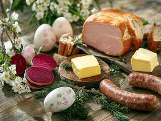 Food items for Easter dinner in a woven basket.