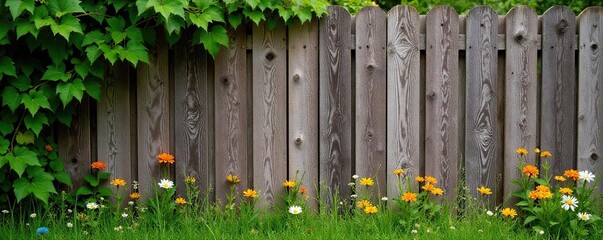 Weathered wooden fence with vines and wildflowers, brown, flowers, green