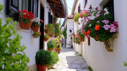 Obraz premium A narrow alley with intricate European windows, all adorned with colorful flower baskets
