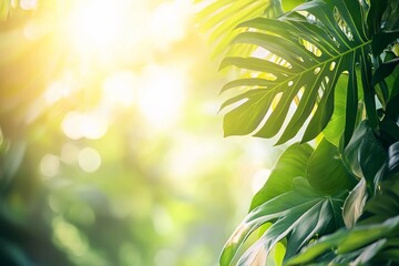 Fototapeta premium Lush green tropical foliage illuminated by soft sunlight, creating a serene and vibrant atmosphere