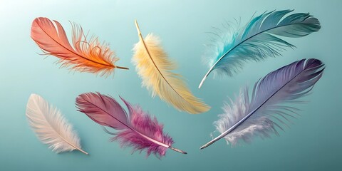 A collection of vibrant and delicate feathers in various colors floats in midair against a soft blue background, creating a dreamy and elegant composition.