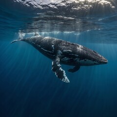 Fototapeta premium A peaceful whale swimming beneath the waves, bathed in a soft glow.