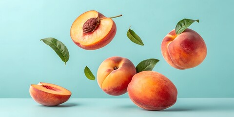 Juicy whole and sliced peaches with green leaves suspended in midair against a soft pastel background, creating a fresh, natural, and vibrant fruit concept.