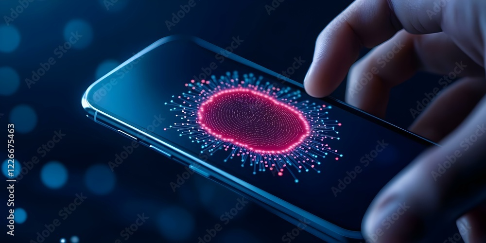 Aufkleber a hand is interacting with a smartphone screen displaying a glowing, abstract fingerprint or biometr