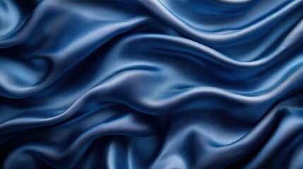Fototapeta premium A dark blue colored background of soft draped fabric showcases the beauty of satin silk textured cloth, perfect for making clothes and curtains. This elegant textile texture embodies the color trend