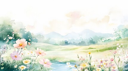 Fototapeta premium Spring meadow painting serene landscape watercolor art nature environment tranquil viewpoint soft colors concept