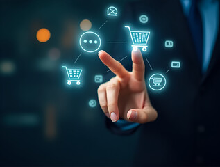 a_closeup_of_a_hand_interacting_with_a_glowing_e-commerce_interface_with_icons_for_shopping_cart