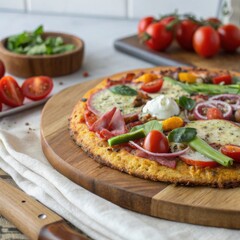 Delicious pizza topped with tomatoes cheese and various toppings on a wooden table