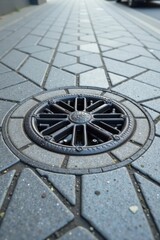 Obraz premium A Detailed Close-Up of an Ornate Street Drain Cover Set within a Geometric Pavement Pattern