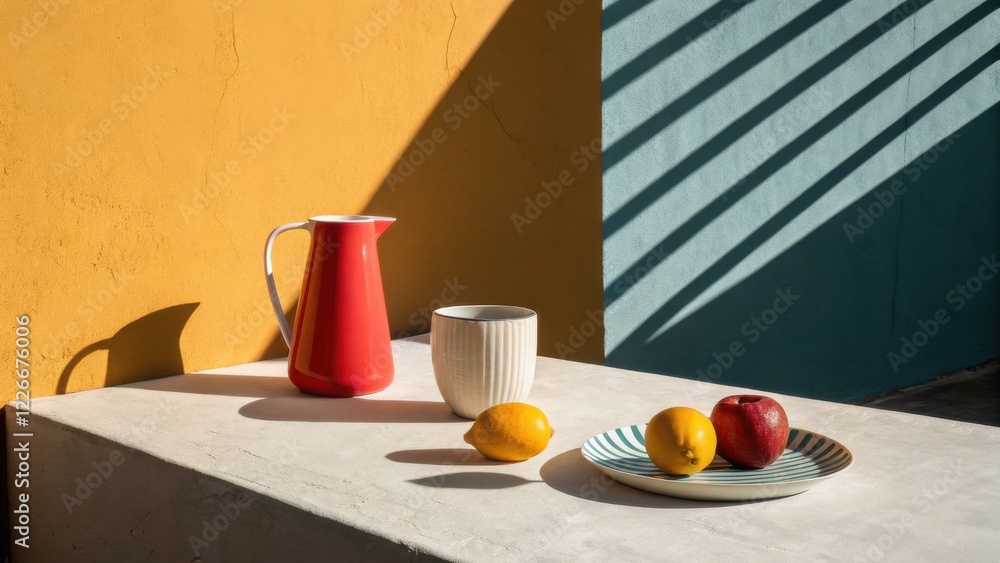 Poster bowl of assorted fruit with pitcher of oranges on a wooden table in minimal color setting