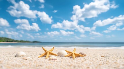 Obraz premium Two colorful starfish on a sandy beach in a vibrant summer beach scene