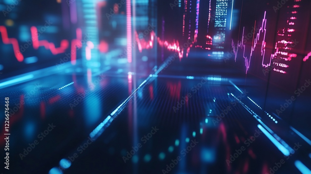 Poster abstract futuristic display of stock market data with a glowing blue and red graphical chart