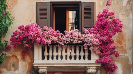 Fototapeta premium A romantic balcony window with cascading pink bougainvillea, overlooking a tranquil European plaza