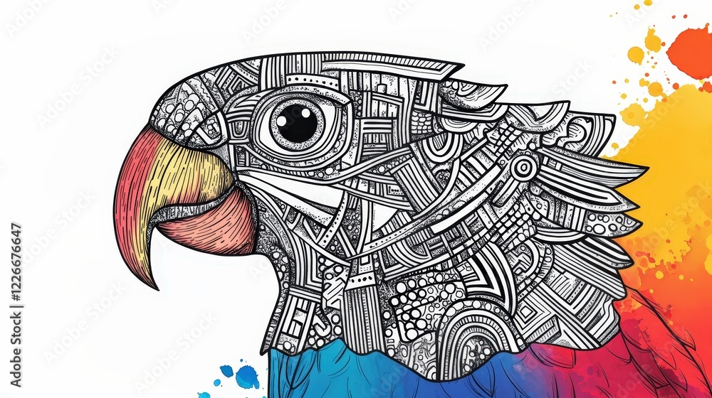Poster intricate colorful parrot design with abstract patterns and vibrant hues