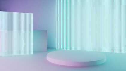 3d rendering of blue and purple neon glowing wall background. Modern minimalist stage setup featuring soft pastel lighting and geometric shapes in a contemporary space
