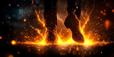 A person is stepping on a surface that erupts with bright orange sparks and glowing particles, creating a dynamic visual effect. Concept Dynamic Visual Effects, Bright Orange Sparks