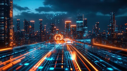 Fototapeta premium A futuristic city skyline with holographic displays and flying vehicles, representing a vibrant vision of advanced urban technology 