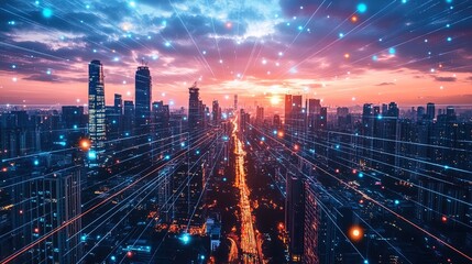 Fototapeta premium A futuristic city skyline with holographic displays and flying vehicles, representing a vibrant vision of advanced urban technology 