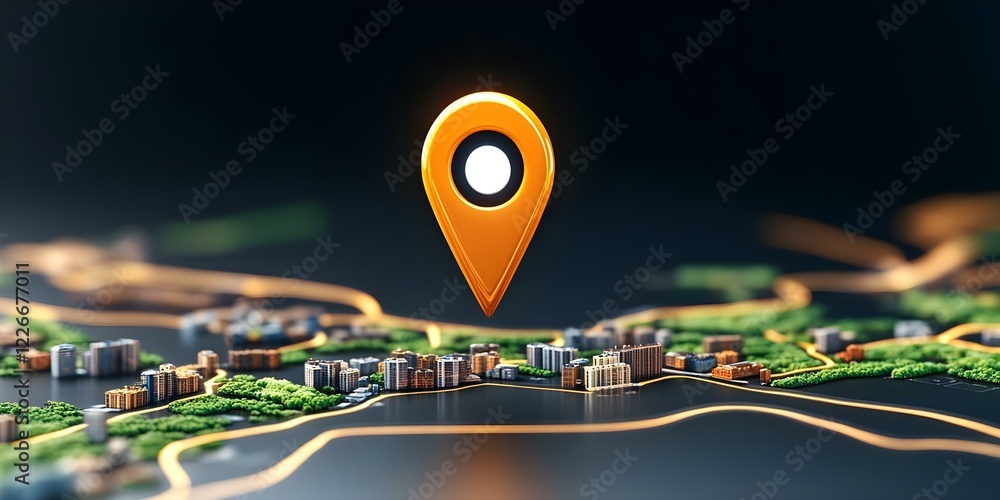 Poster a 3d representation of a city map with a prominent location pin highlighting a specific area. concep