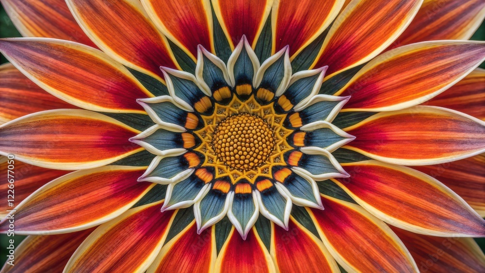 Aufkleber close up of a flower with red and yellow center displaying symmetrical patterns in nature