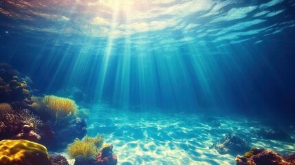 Fototapeta premium Underwater scene with sunlight filtering through water, illuminating coral and marine life.