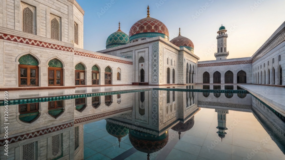 Poster courtyard of a sheikh mosque with symmetrical architecture and patterned design
